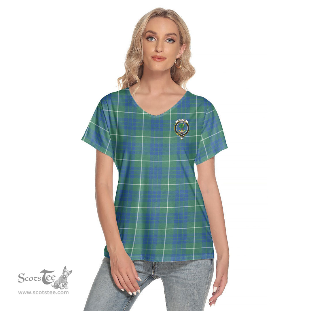 ScotsTee Shop Scottish Hamilton Hunting Ancient Clan Crest Tartan Womens V Neck T Shirt