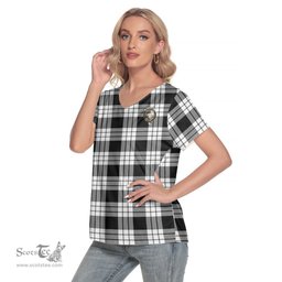 ScotsTee Shop Scottish MacFarlane Black White Clan Crest Tartan Womens V Neck T Shirt