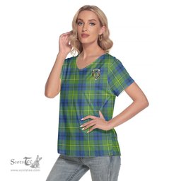 ScotsTee Shop Scottish Johnston Ancient Clan Crest Tartan Womens V Neck T Shirt