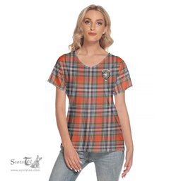 ScotsTee Shop Scottish MacFarlane Ancient Clan Crest Tartan Womens V Neck T Shirt