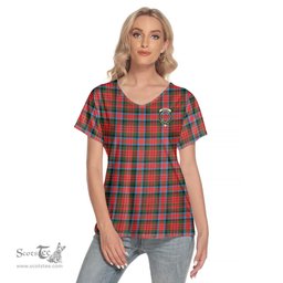 ScotsTee Shop Scottish MacDuff Modern Clan Crest Tartan Womens V Neck T Shirt