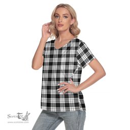 ScotsTee Shop Scottish MacFarlane Black White Clan Tartan Womens V Neck T Shirt