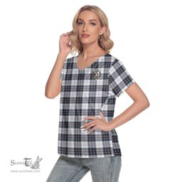 ScotsTee Shop Scottish MacRae Dress Modern Clan Crest Tartan Womens V Neck T Shirt