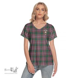 ScotsTee Shop Scottish MacFarlane Hunting Modern Clan Crest Tartan Womens V Neck T Shirt