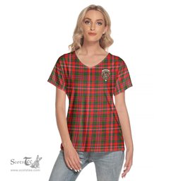 ScotsTee Shop Scottish MacKinnon Modern Clan Crest Tartan Womens V Neck T Shirt