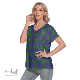 ScotsTee Shop Scottish Strachan Clan Crest Tartan Womens V Neck T Shirt