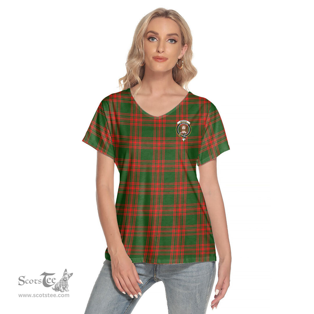 ScotsTee Shop Scottish Menzies Green Modern Clan Crest Tartan Womens V Neck T Shirt