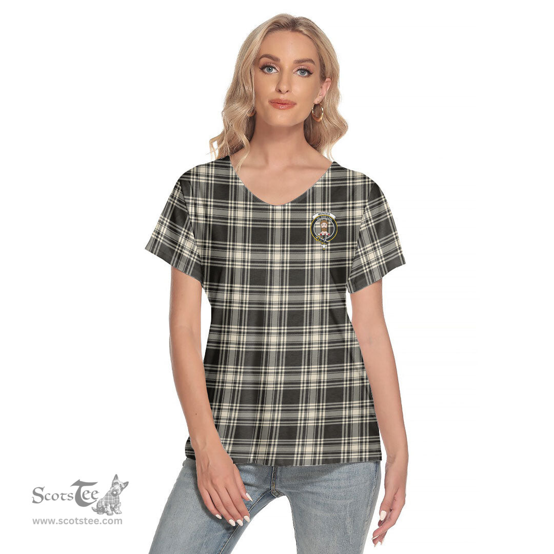 ScotsTee Shop Scottish Menzies Black White Ancient Clan Crest Tartan Womens V Neck T Shirt