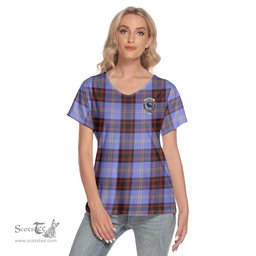 ScotsTee Shop Scottish Rutherford Clan Crest Tartan Womens V Neck T Shirt