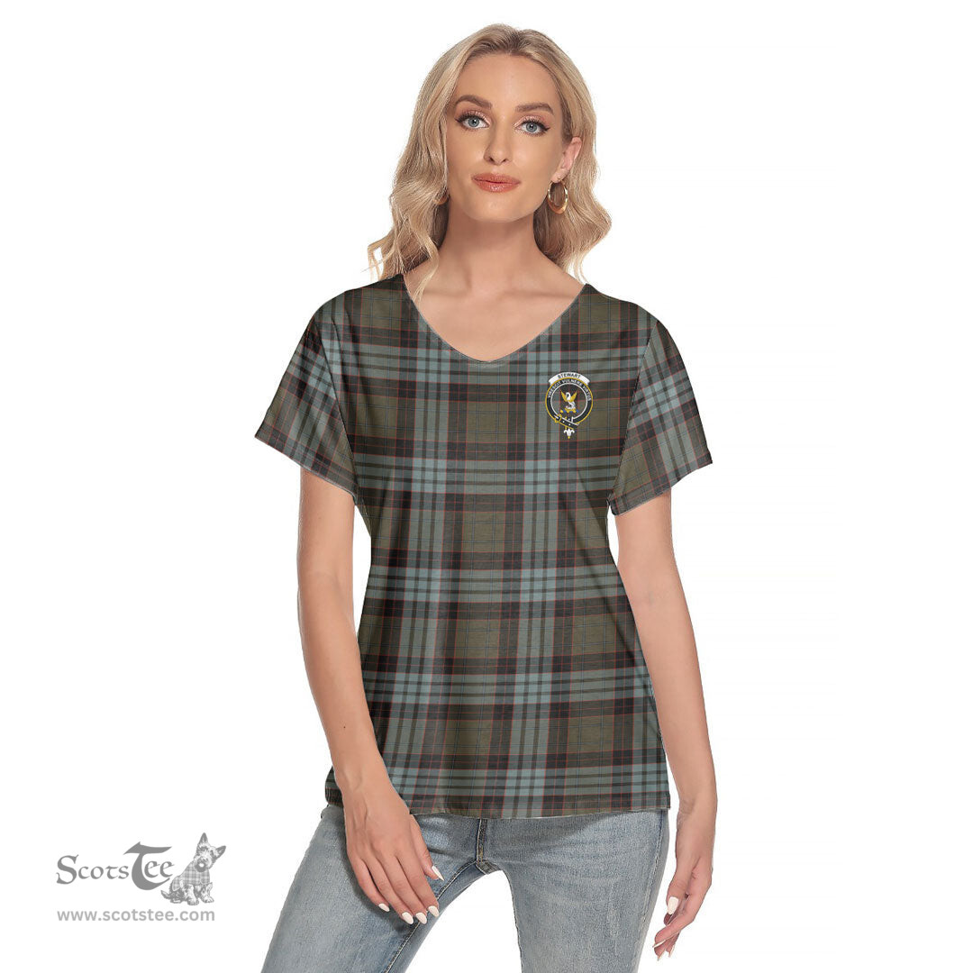 ScotsTee Shop Scottish Stewart Old Weathered Clan Crest Tartan Womens V Neck T Shirt