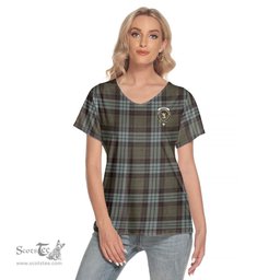 ScotsTee Shop Scottish Stewart Old Weathered Clan Crest Tartan Womens V Neck T Shirt