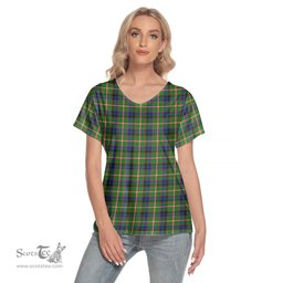 ScotsTee Shop Scottish Reid Green Clan Tartan Womens V Neck T Shirt