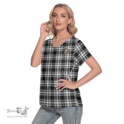 ScotsTee Shop Scottish Menzies Black White Modern Clan Crest Tartan Womens V Neck T Shirt