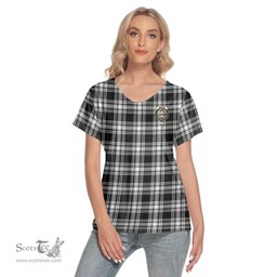 ScotsTee Shop Scottish Menzies Black White Modern Clan Crest Tartan Womens V Neck T Shirt