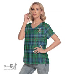 ScotsTee Shop Scottish Urquhart Ancient Clan Crest Tartan Womens V Neck T Shirt