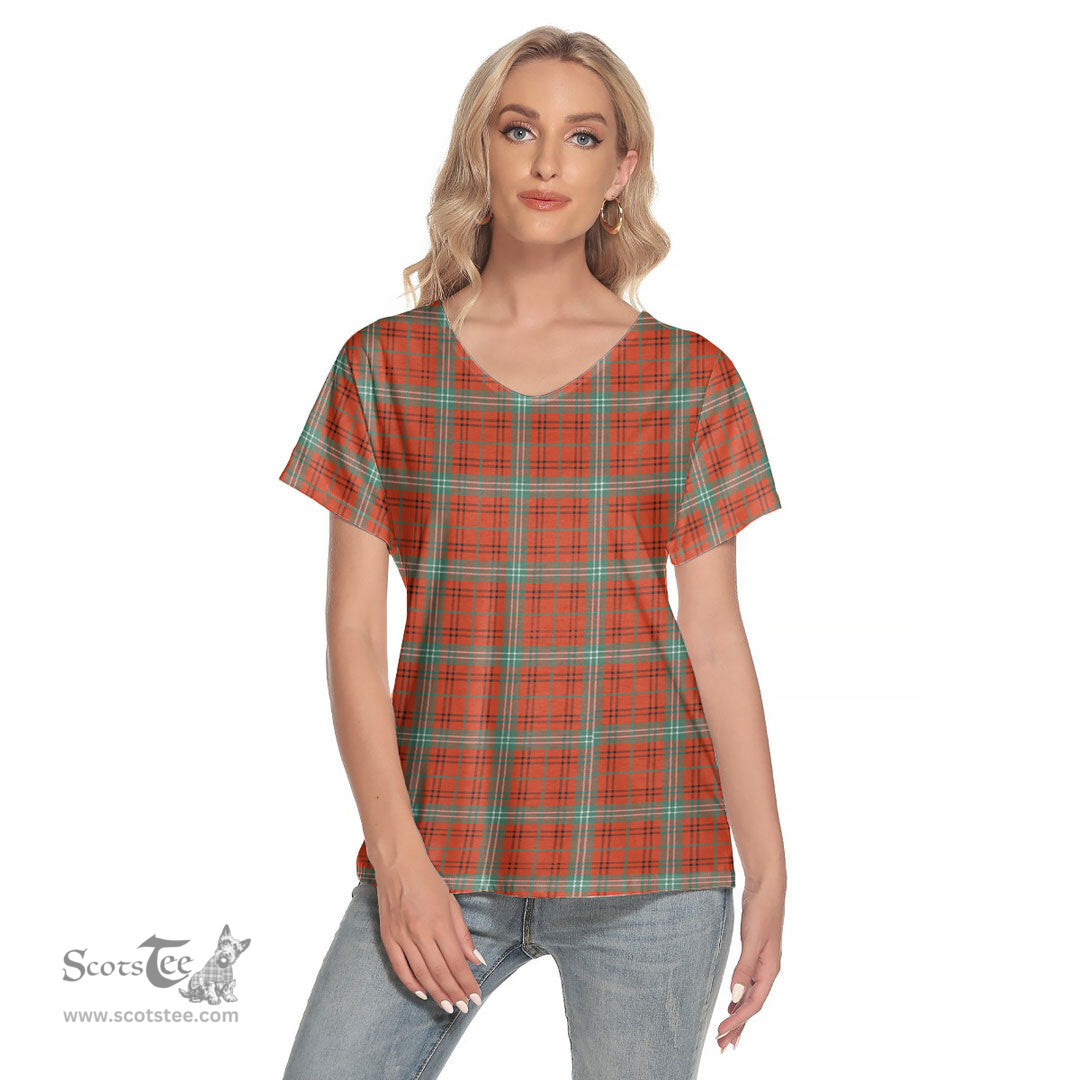 ScotsTee Shop Scottish Morrison Red Ancient Clan Tartan Womens V Neck T Shirt