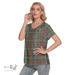 ScotsTee Shop Scottish Shaw Green Modern Clan Crest Tartan Womens V Neck T Shirt
