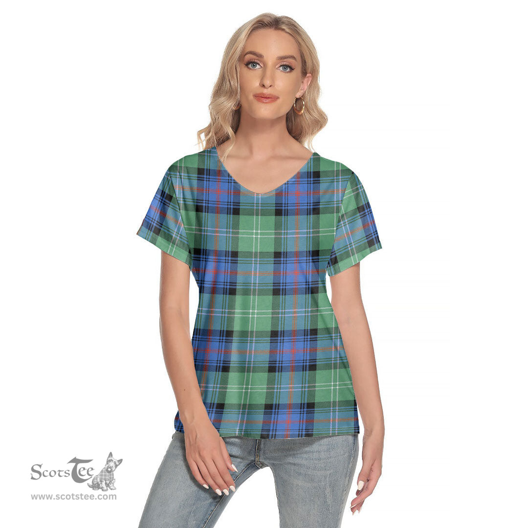 ScotsTee Shop Scottish Sutherland Old Ancient Clan Tartan Womens V Neck T Shirt