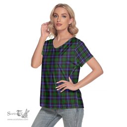 ScotsTee Shop Scottish Russell Modern Clan Tartan Womens V Neck T Shirt