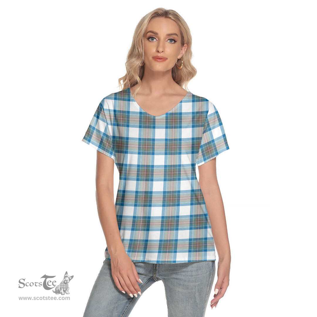 ScotsTee Shop Scottish Stewart Muted Blue Clan Tartan Womens V Neck T Shirt