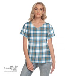 ScotsTee Shop Scottish Stewart Muted Blue Clan Tartan Womens V Neck T Shirt