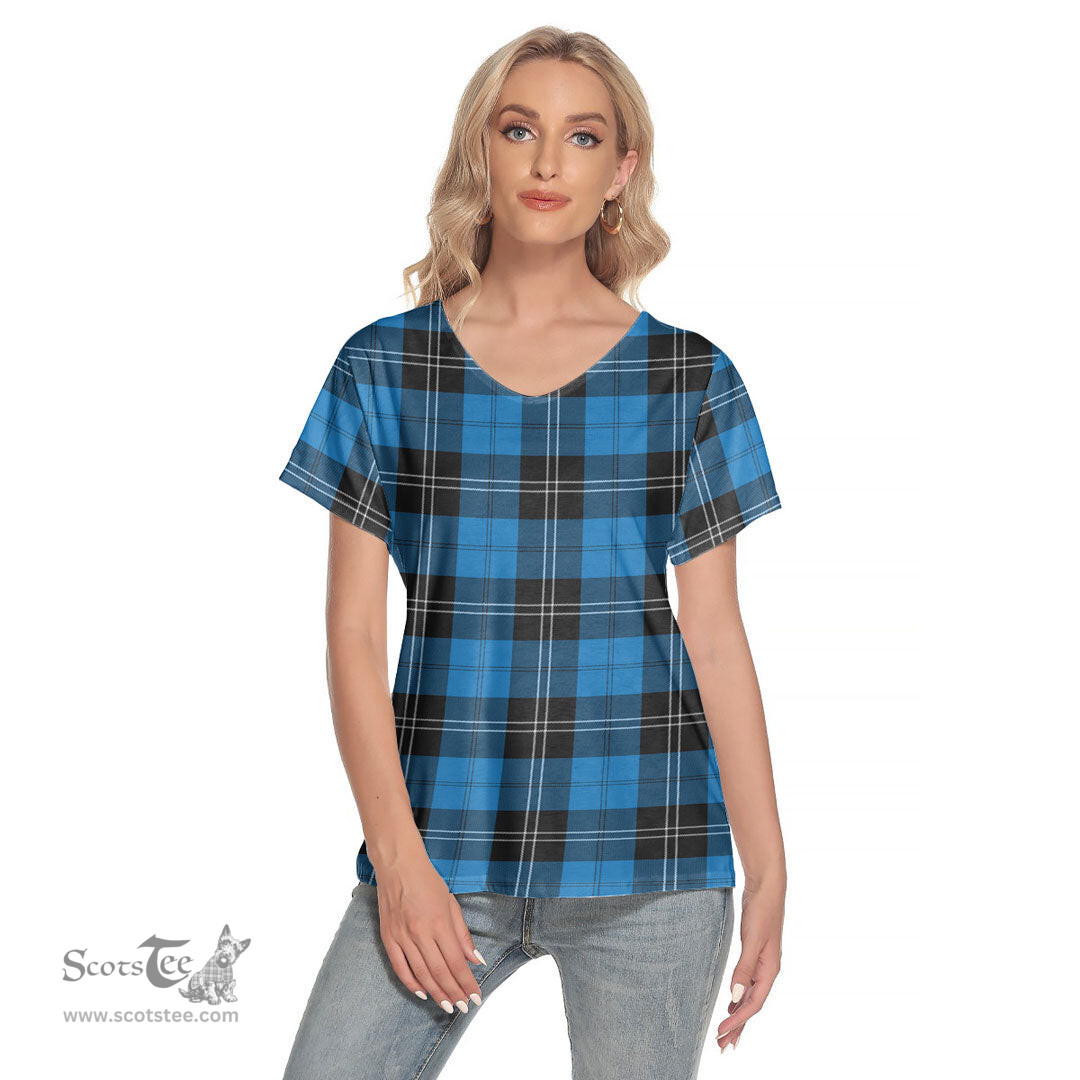 ScotsTee Shop Scottish Ramsay Blue Ancient Clan Tartan Womens V Neck T Shirt