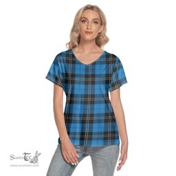 ScotsTee Shop Scottish Ramsay Blue Ancient Clan Tartan Womens V Neck T Shirt