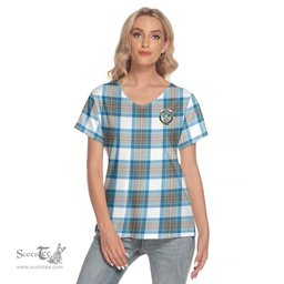 ScotsTee Shop Scottish Stewart Muted Blue Clan Crest Tartan Womens V Neck T Shirt