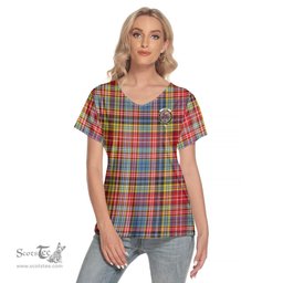 ScotsTee Shop Scottish Ogilvie of Airlie Ancient Clan Crest Tartan Womens V Neck T Shirt