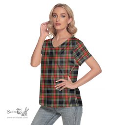 ScotsTee Shop Scottish Stewart Black Clan Tartan Womens V Neck T Shirt