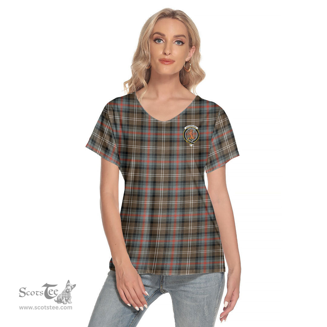ScotsTee Shop Scottish Sutherland Weathered Clan Crest Tartan Womens V Neck T Shirt