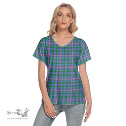 ScotsTee Shop Scottish Pitcairn Hunting Clan Tartan Womens V Neck T Shirt