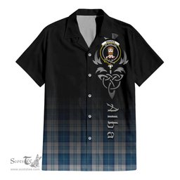 ScotsTee Shop Scottish Menzies Dress Blue and White Clan Crest Tartan Alba Gu Brath Celtic Inspired Tartan Short Sleeve Shirt