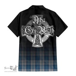 ScotsTee Shop Scottish Menzies Dress Blue and White Clan Crest Tartan Alba Gu Brath Celtic Inspired Tartan Short Sleeve Shirt