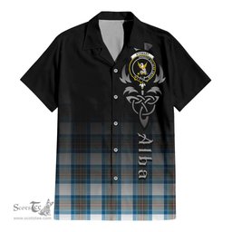 ScotsTee Shop Scottish Stewart Muted Blue Clan Crest Tartan Alba Gu Brath Celtic Inspired Tartan Short Sleeve Shirt