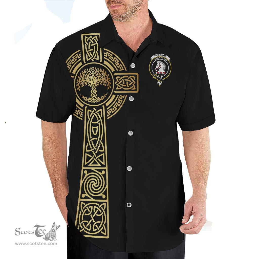 ScotsTee Shop Scottish Hepburn Clan Crest Tartan Golden Celtic Tree Of Life Short Sleeve Shirt