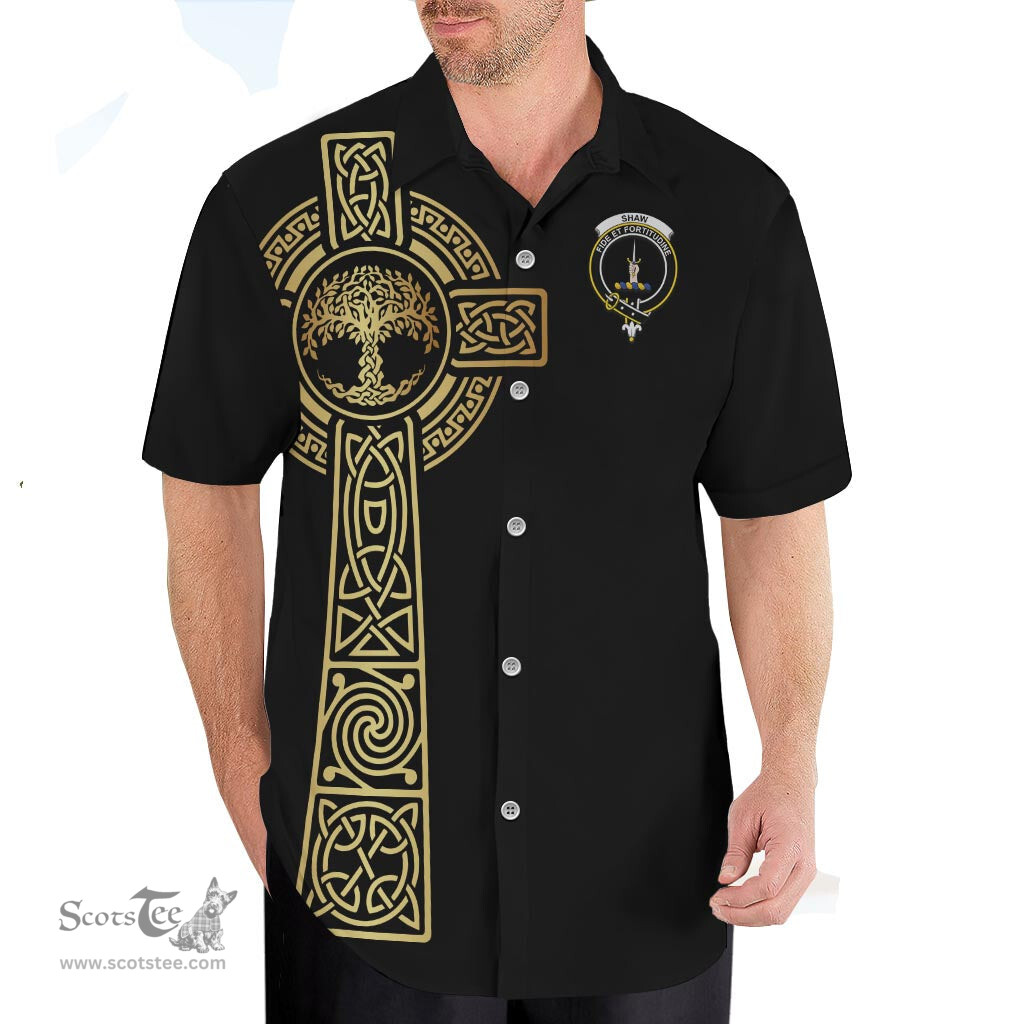 ScotsTee Shop Scottish Shaw Clan Crest Tartan Golden Celtic Tree Of Life Short Sleeve Shirt
