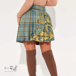 Scottish Balfour Blue Tartan Womens Mini Skirt Scotland Luxury Golden Thistle Skirt