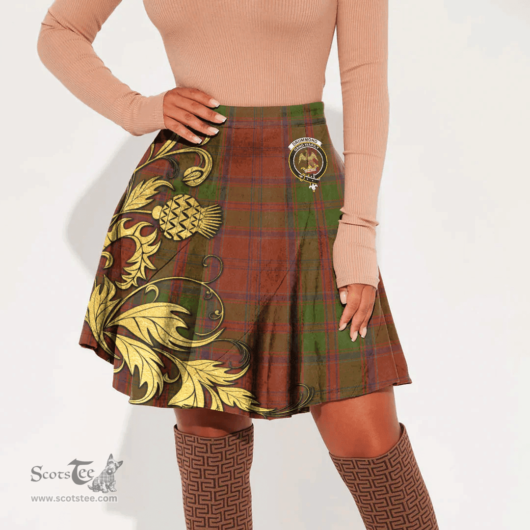 Scottish Drummond Clan Clan Crest Tartan Womens Mini Skirt Scotland Luxury Golden Thistle Skirt