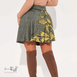 Scottish Haig Check Clan Crest Tartan Womens Mini Skirt Scotland Luxury Golden Thistle Skirt