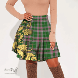 Scottish Gray Hunting Tartan Womens Mini Skirt Scotland Luxury Golden Thistle Skirt