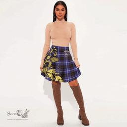 Scottish Dunlop Modern Clan Crest Tartan Womens Mini Skirt Scotland Luxury Golden Thistle Skirt