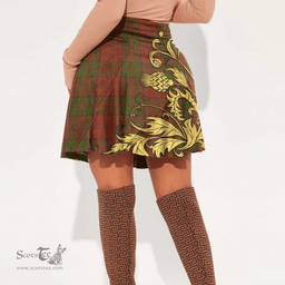 Scottish Drummond Clan Crest Tartan Womens Mini Skirt Scotland Luxury Golden Thistle Skirt