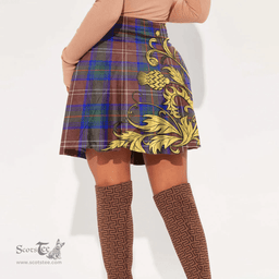 Scottish Chisholm Hunting Modern Clan Crest Tartan Womens Mini Skirt Scotland Luxury Golden Thistle Skirt