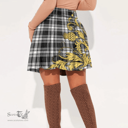 Scottish Menzies Black White Modern Clan Crest Tartan Womens Mini Skirt Scotland Luxury Golden Thistle Skirt