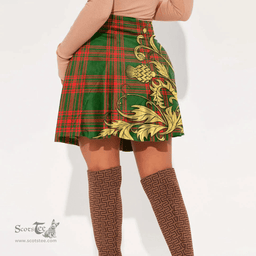 Scottish Menzies Green Modern Tartan Womens Mini Skirt Scotland Luxury Golden Thistle Skirt