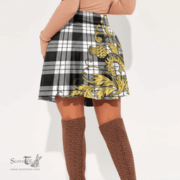 Scottish MacFarlane Black White Clan Crest Tartan Womens Mini Skirt Scotland Luxury Golden Thistle Skirt
