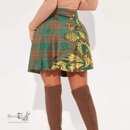 Scottish Menzies Green Ancient Tartan Womens Mini Skirt Scotland Luxury Golden Thistle Skirt