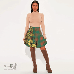 Scottish Menzies Green Ancient Tartan Womens Mini Skirt Scotland Luxury Golden Thistle Skirt