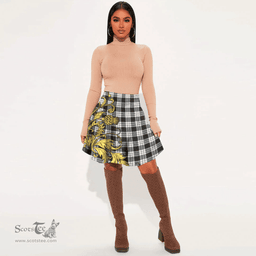 Scottish MacFarlane Black White Ancient Tartan Womens Mini Skirt Scotland Luxury Golden Thistle Skirt